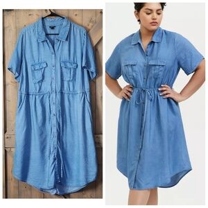 Torrid Blue Chambray Button Front Drawstring Shirt Dress 1X / 14/16
